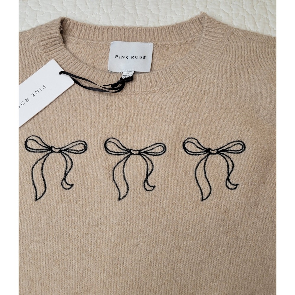 Pink Rose Short Sleeve Sweater Womens Sz M Tan Embroidered Bows Puff Sleeve NEW - Picture 13 of 13